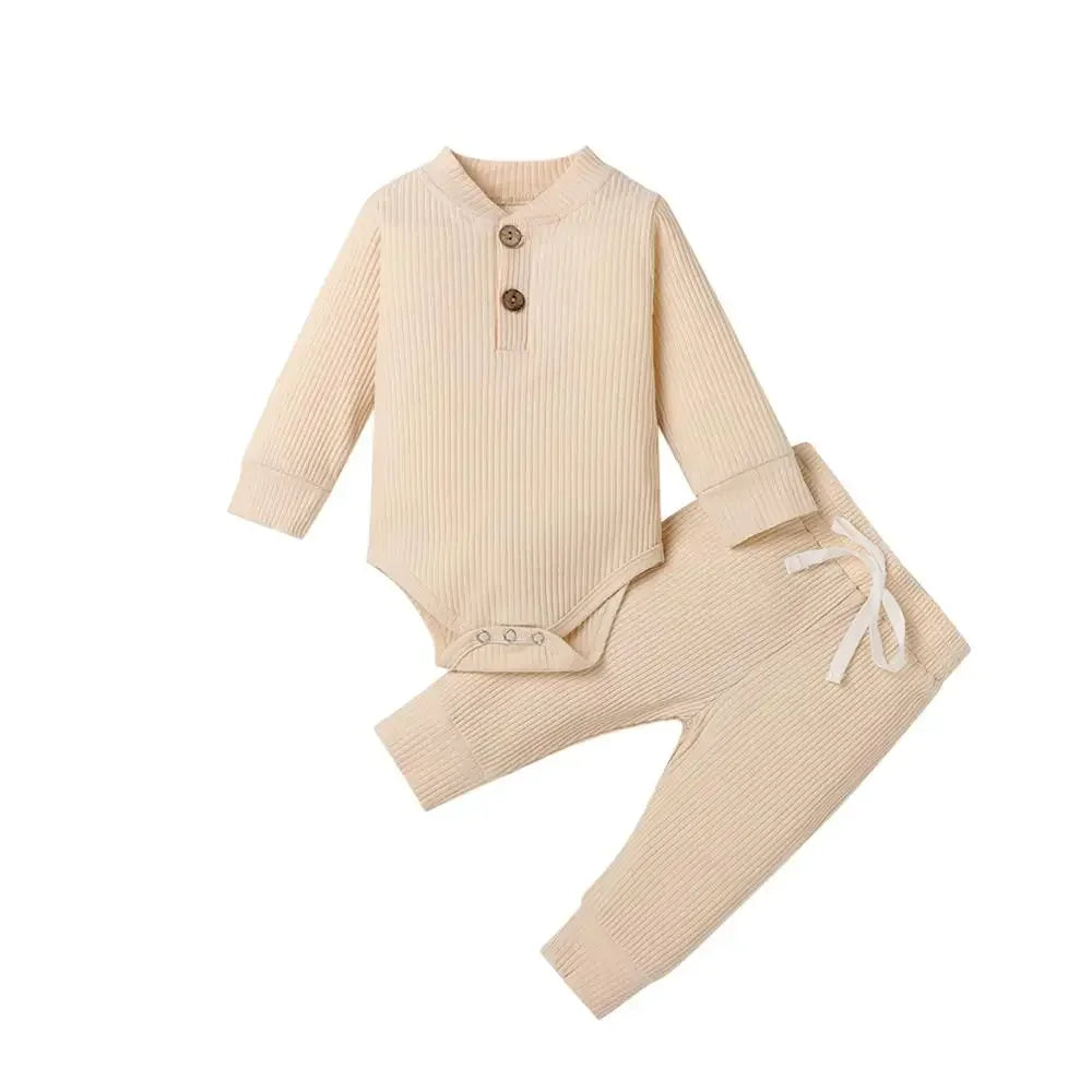 Infant Newborn Baby Girl Boy Spring Autumn Ribbed/Plaid Solid Clothes Sets Long Sleeve Bodysuits + Elastic Pants 2PCs Outfits