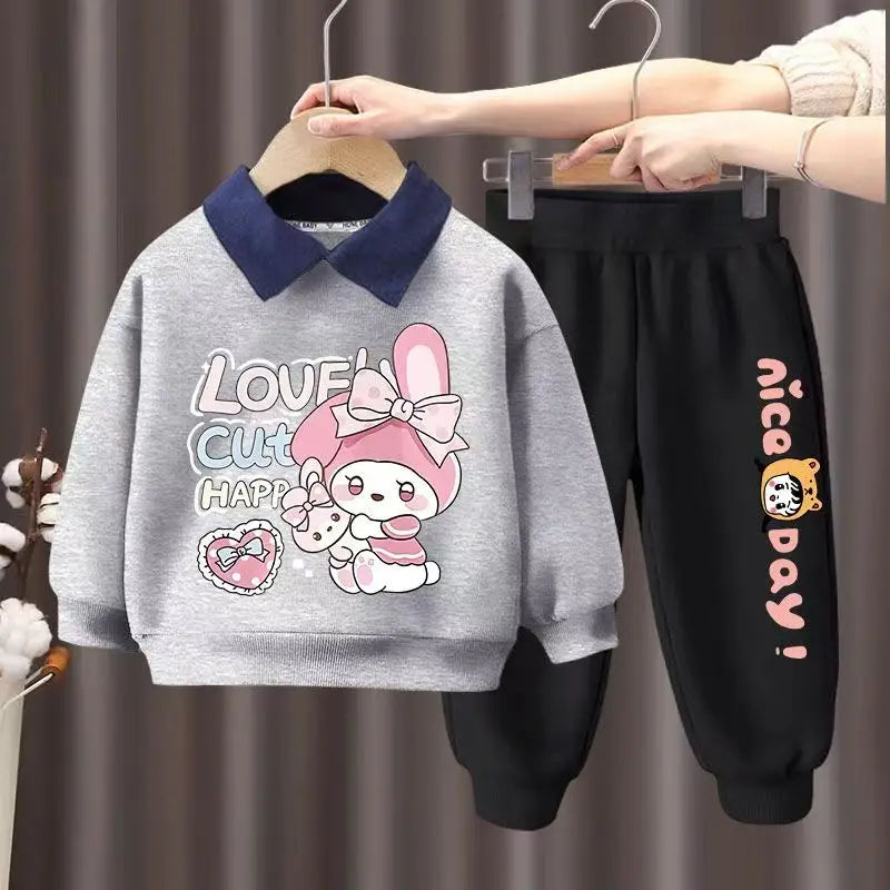 Autumn Kid Girls Clothes Set Children Boy Lapel Cartoon Bear Printed Sweatshirts Pullover Top And Pants Bottom Suit Tracksuits