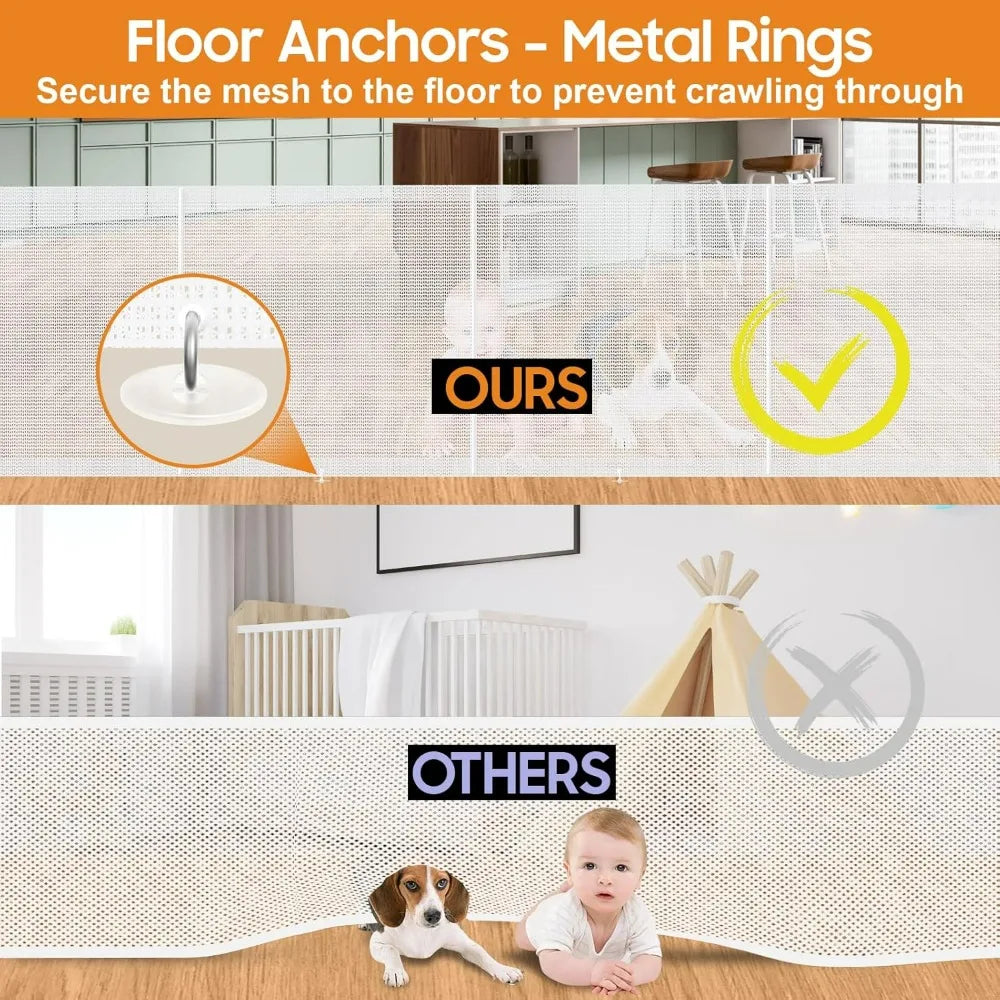 Extra Wide and Tall Retractable Baby and Dog Gate with Mesh and Support Rods for Child Safety