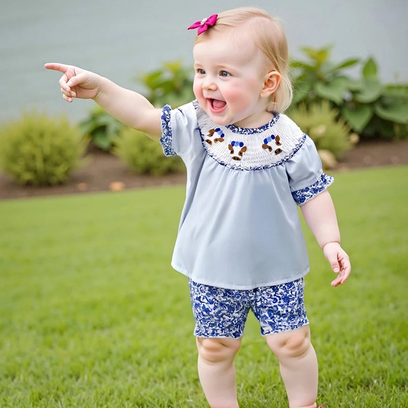 Girls Summer Outfit Sleeveless Ruffle Top with Denim Shorts Set Cute Floral Print Kids Clothing Set for Girls