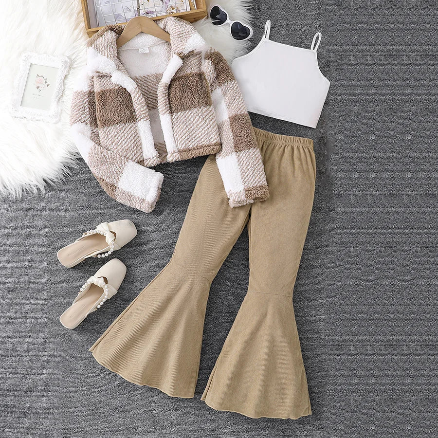 Autumn and winter girls' clothing 3-piece set with stand-up collar and down jacket   solid color vest   casual long pants set