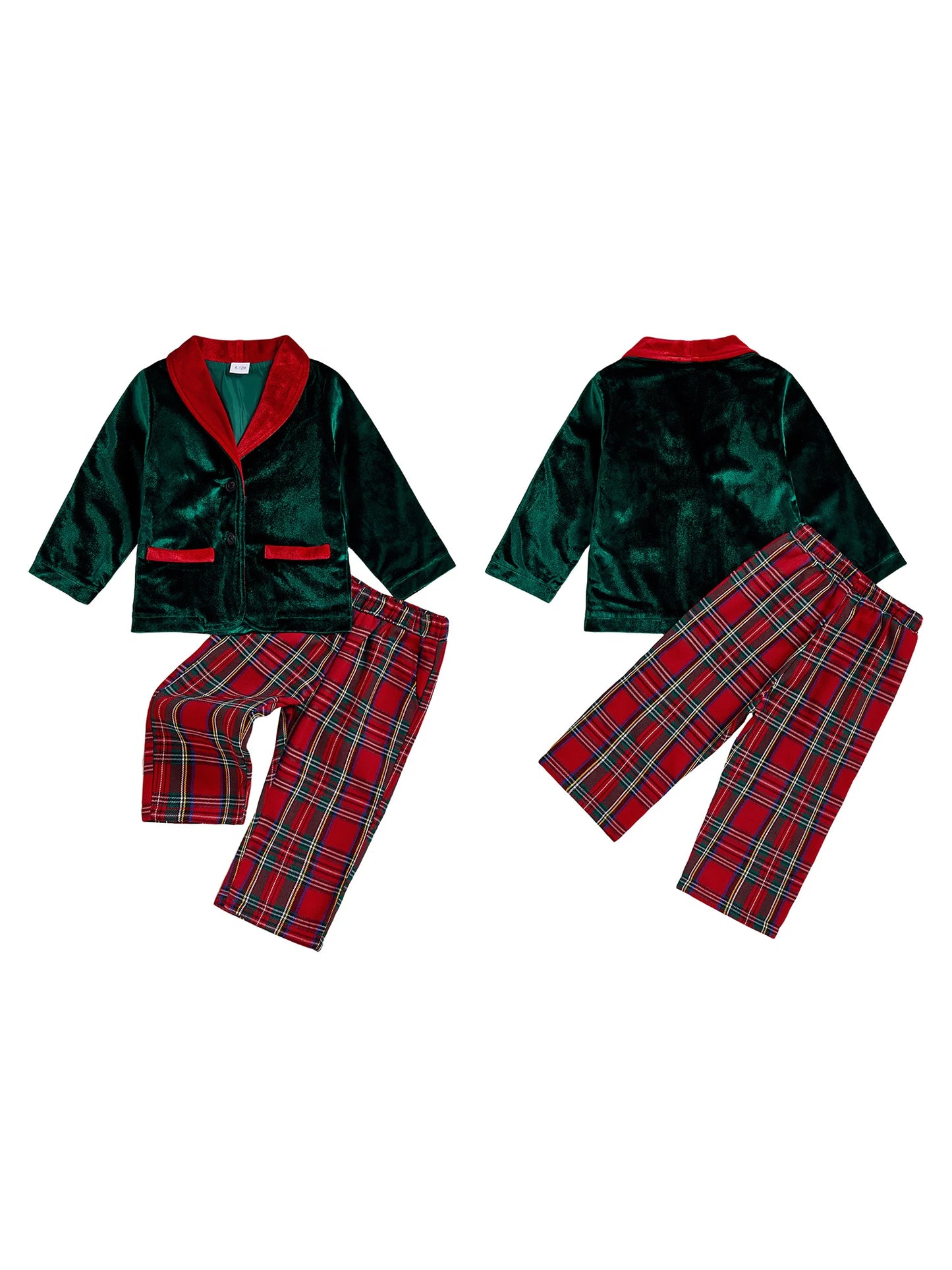 Toddler Christmas Outfit Set with Long Sleeve Button Up Jacket and Plaid Pants - 2 Piece Clothes for Baby Boy