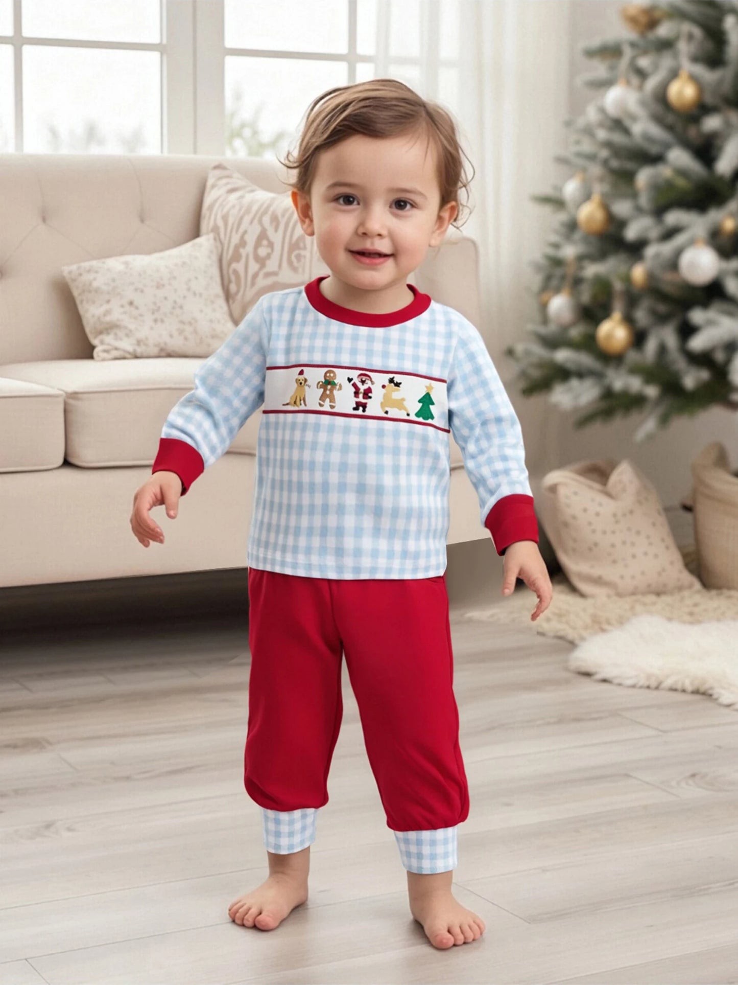 Kids 2-Piece Christmas Pajama Set with Long Sleeve Embroidered Top and Pants for Boys Sleepwear Outfit