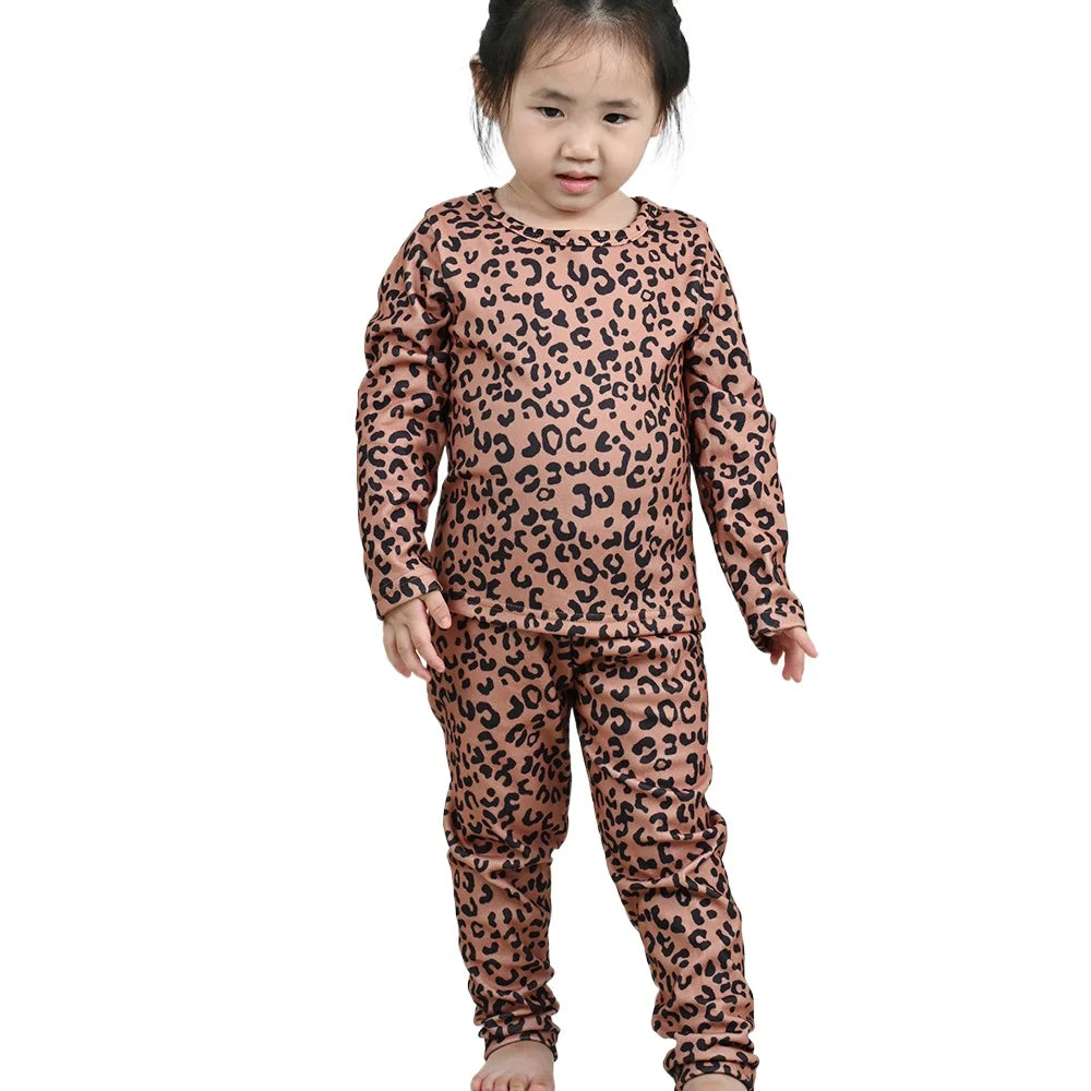 New Kids' Pajama Set Fashion Cute Leopard Print Spring Autumn Girls' Long Sleeve Long Pants Velvet Sleepwear Children's Clothing