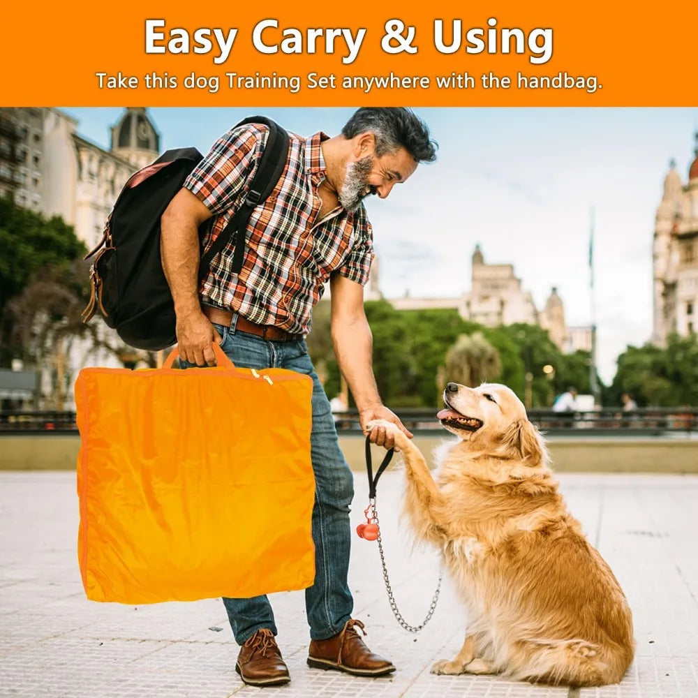 Dog Agility Training Equipment Set Outdoor Indoor Game, Tire Jump + Hurdle Jump, Tunnel, Weave Poles, Pause, 2 Toy Balls, 2 Disc