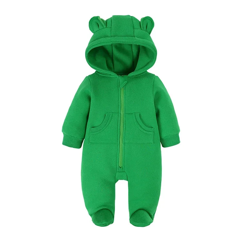 2024 Newborn Baby Winter Warm Romper Solid Pocket Hooded Bear Thick Clothes 0-24M Infant  Boy Girl Outfits Bodysuit
