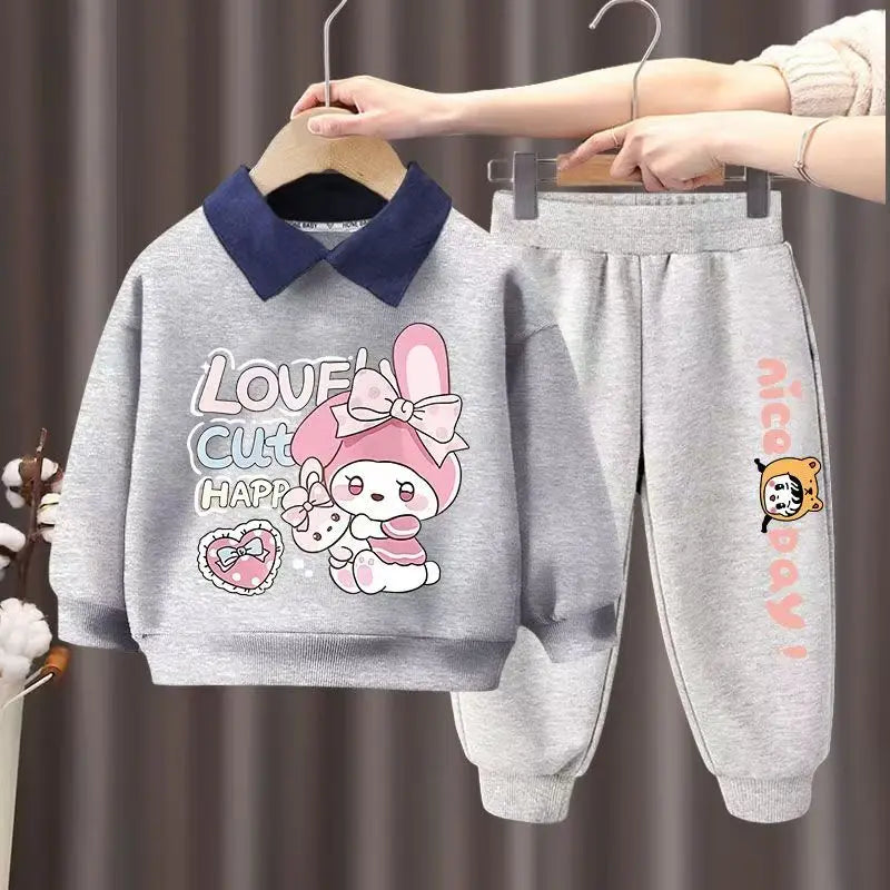 Autumn Kid Girls Clothes Set Children Boy Lapel Cartoon Bear Printed Sweatshirts Pullover Top And Pants Bottom Suit Tracksuits