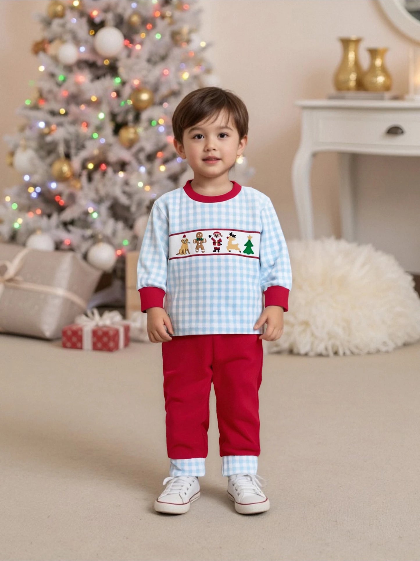 Kids 2-Piece Christmas Pajama Set with Long Sleeve Embroidered Top and Pants for Boys Sleepwear Outfit