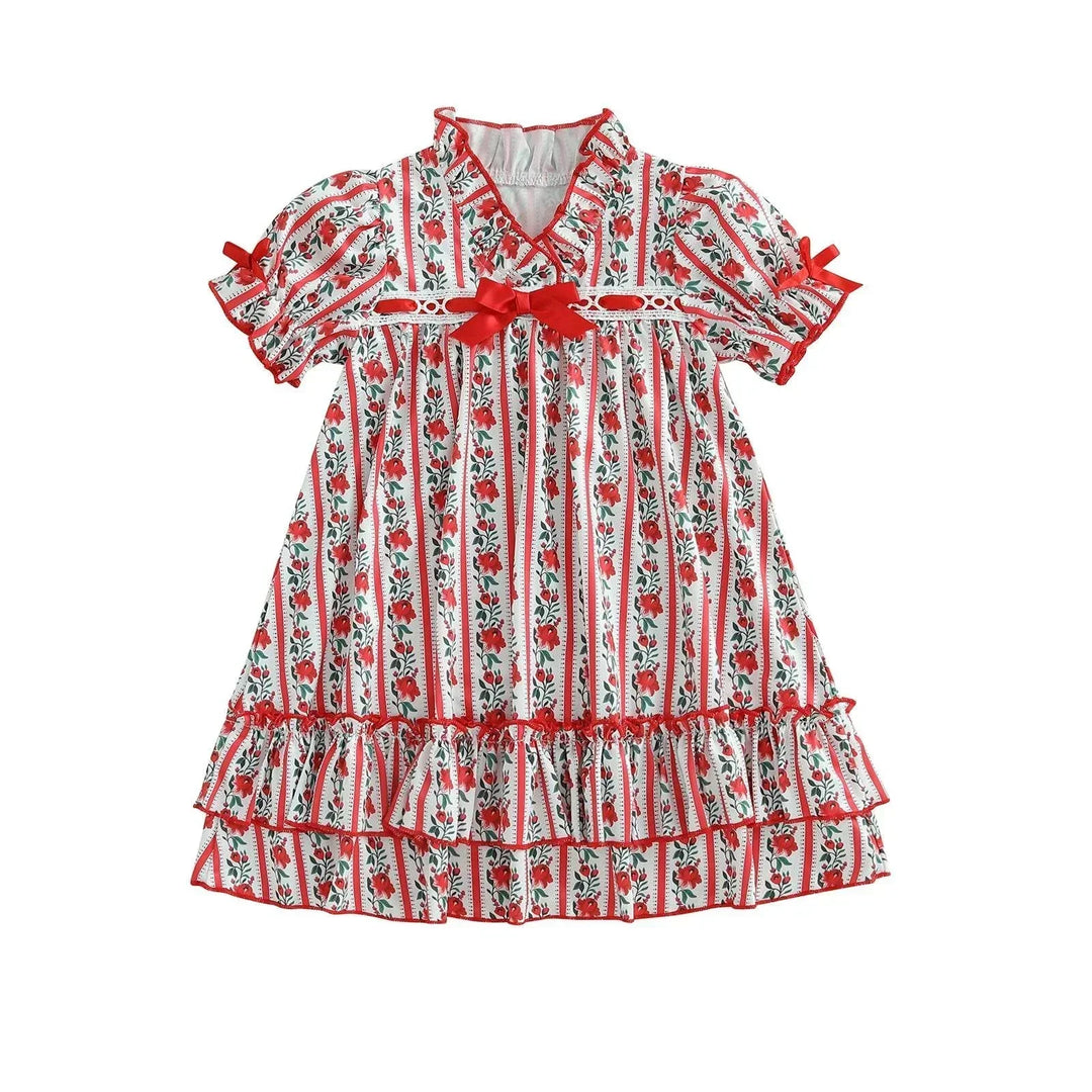 Girls short sleeve red floral V neck dress for toddlers and kids summer casual wear