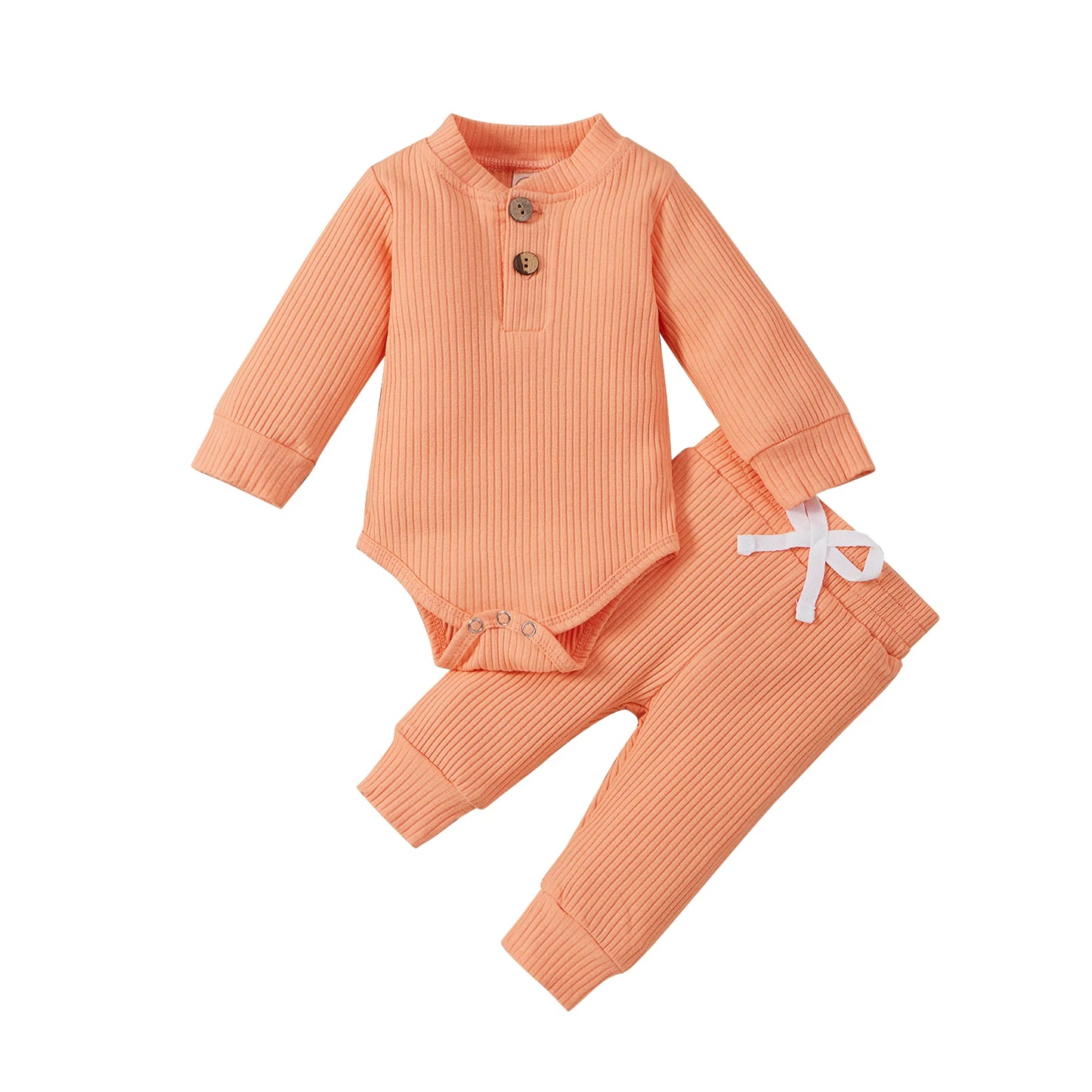 Infant Newborn Baby Girl Boy Spring Autumn Ribbed/Plaid Solid Clothes Sets Long Sleeve Bodysuits + Elastic Pants 2PCs Outfits