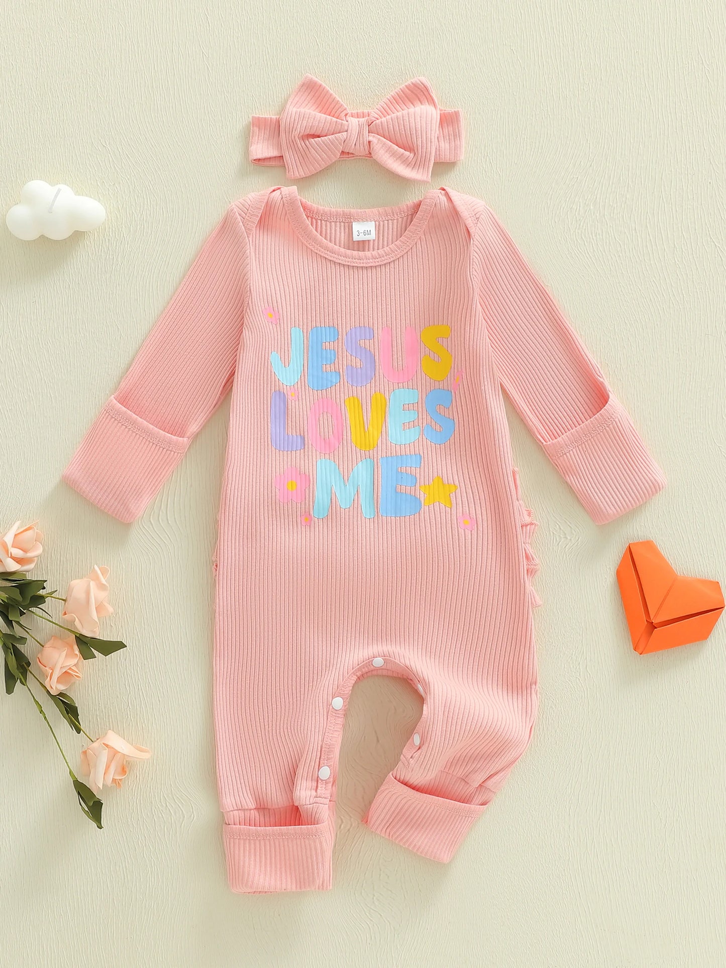 Christianity Baby Girls 3 Piece Set Long Sleeve Round Neck Letter Print Ribbed Jumpsuit with Bow Headband and Socks