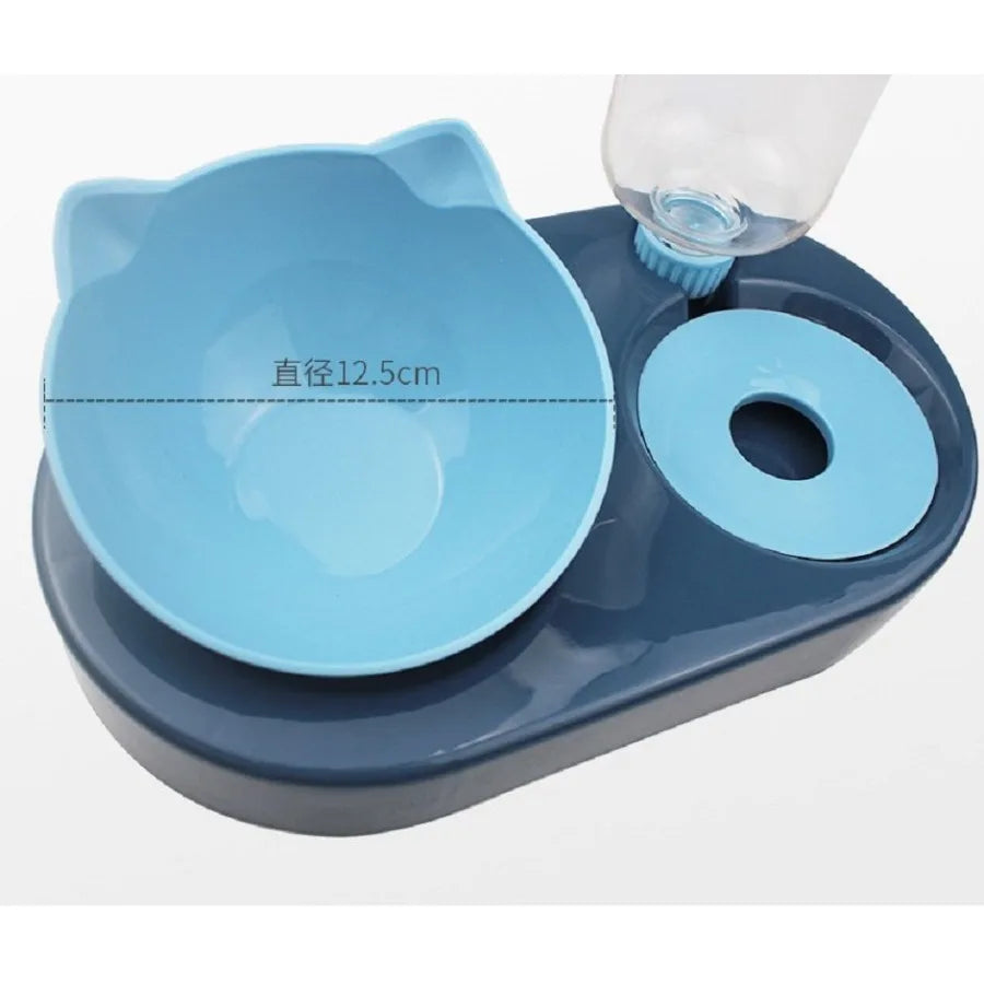 Portable Pet Bowl and Automatic Water Feeder Set 2 in 1 Food Bowl Dish with Water Dispenser Bottle Tilted