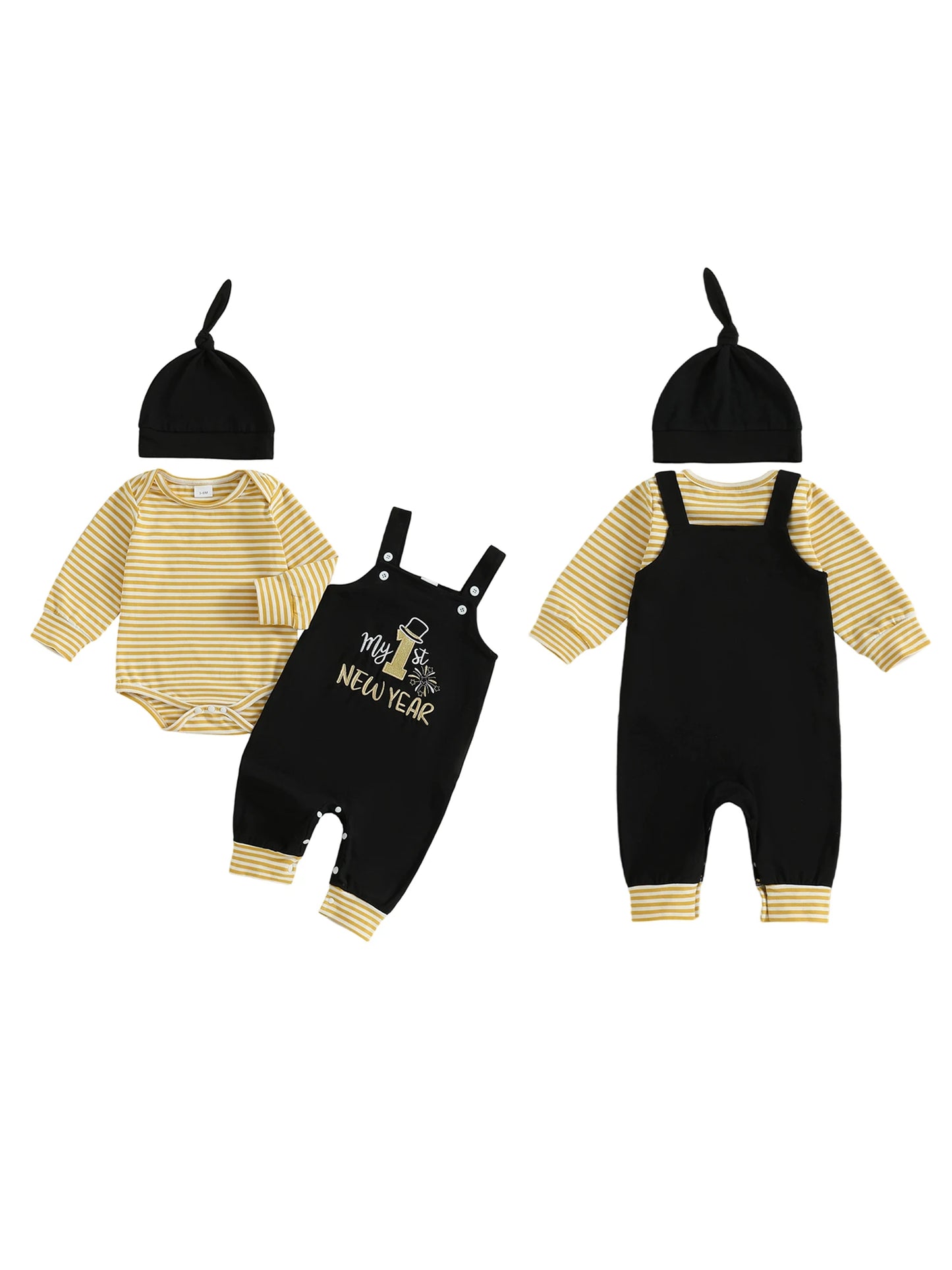 Adorable Newborn Boy 3 Piece Set with Long Sleeve Striped Romper Embroidered Overalls and Matching Hat for a Stylish Look