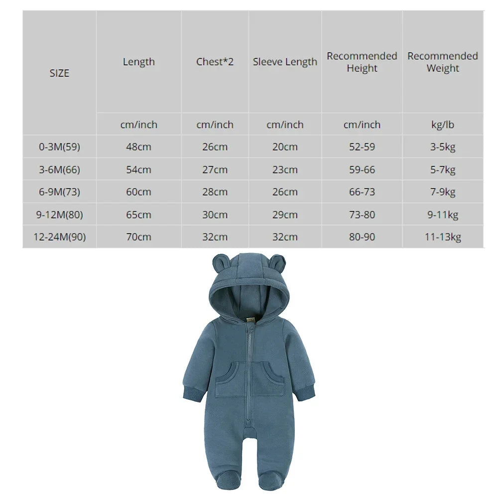 2024 Newborn Baby Winter Warm Romper Solid Pocket Hooded Bear Thick Clothes 0-24M Infant  Boy Girl Outfits Bodysuit