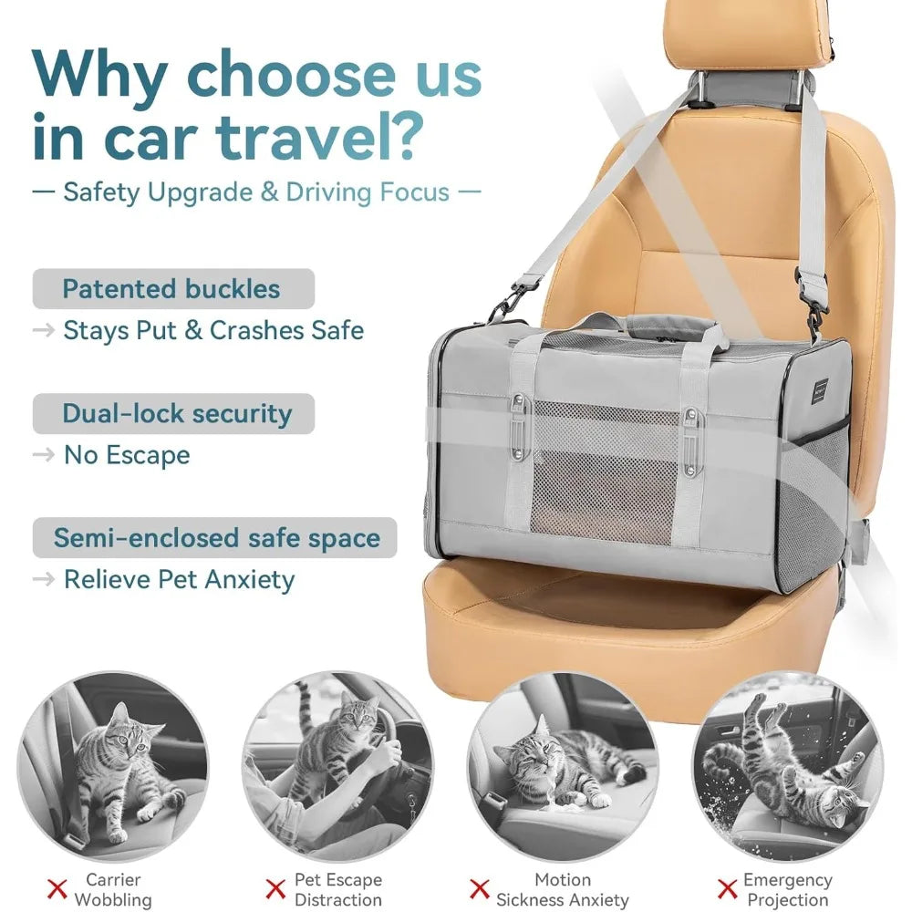 Travel Pet Carrier for Large Cats (up to 20 lbs), Soft-Sided Dog Car Travel Carrier with Patented Buckle and Soft Padding