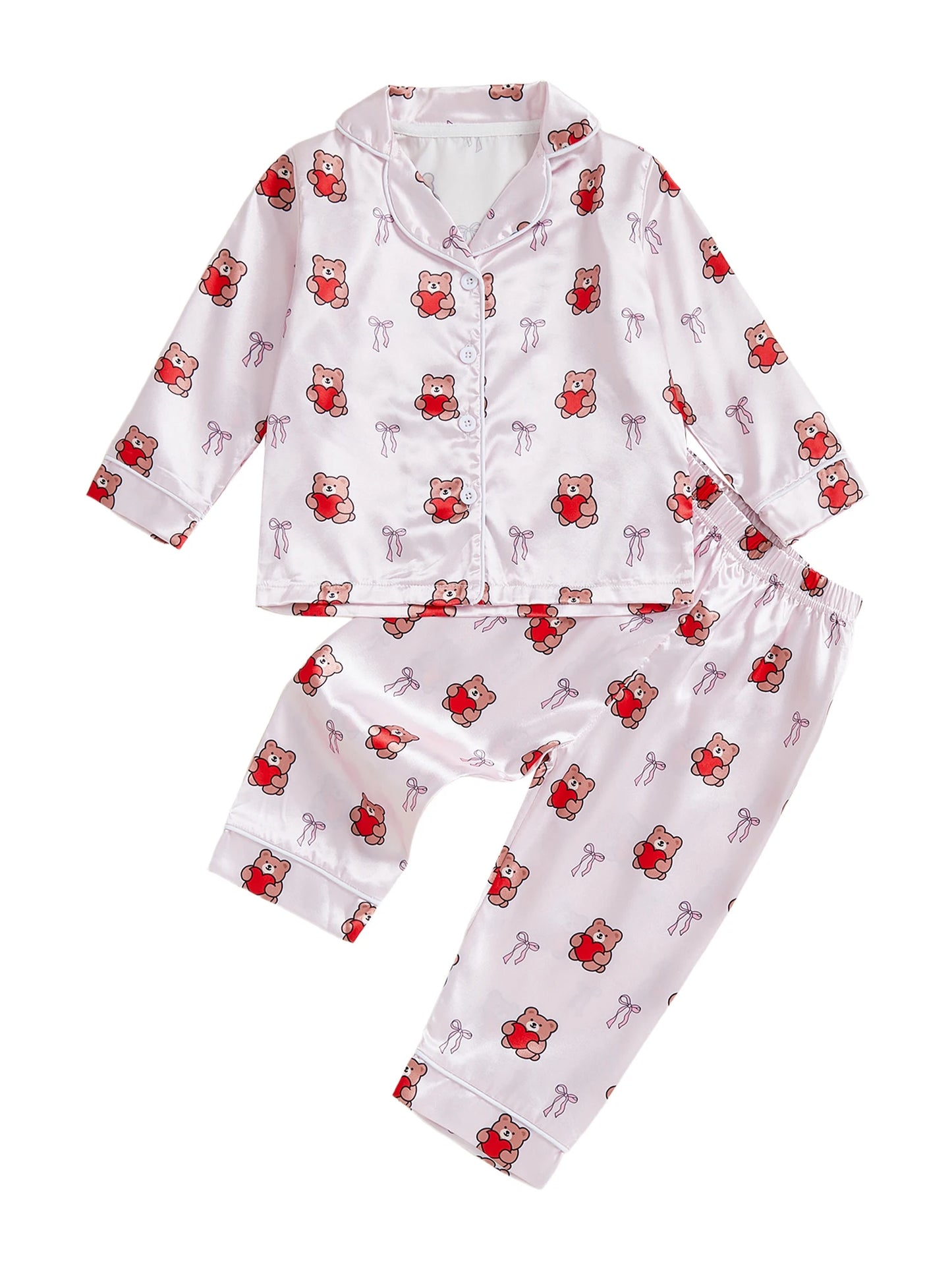 Cute Toddler Girl Valentine s Day Pajamas Set with Heart Print Lapel Long Sleeve Button Down Tops and Pants Cozy Sleepwear