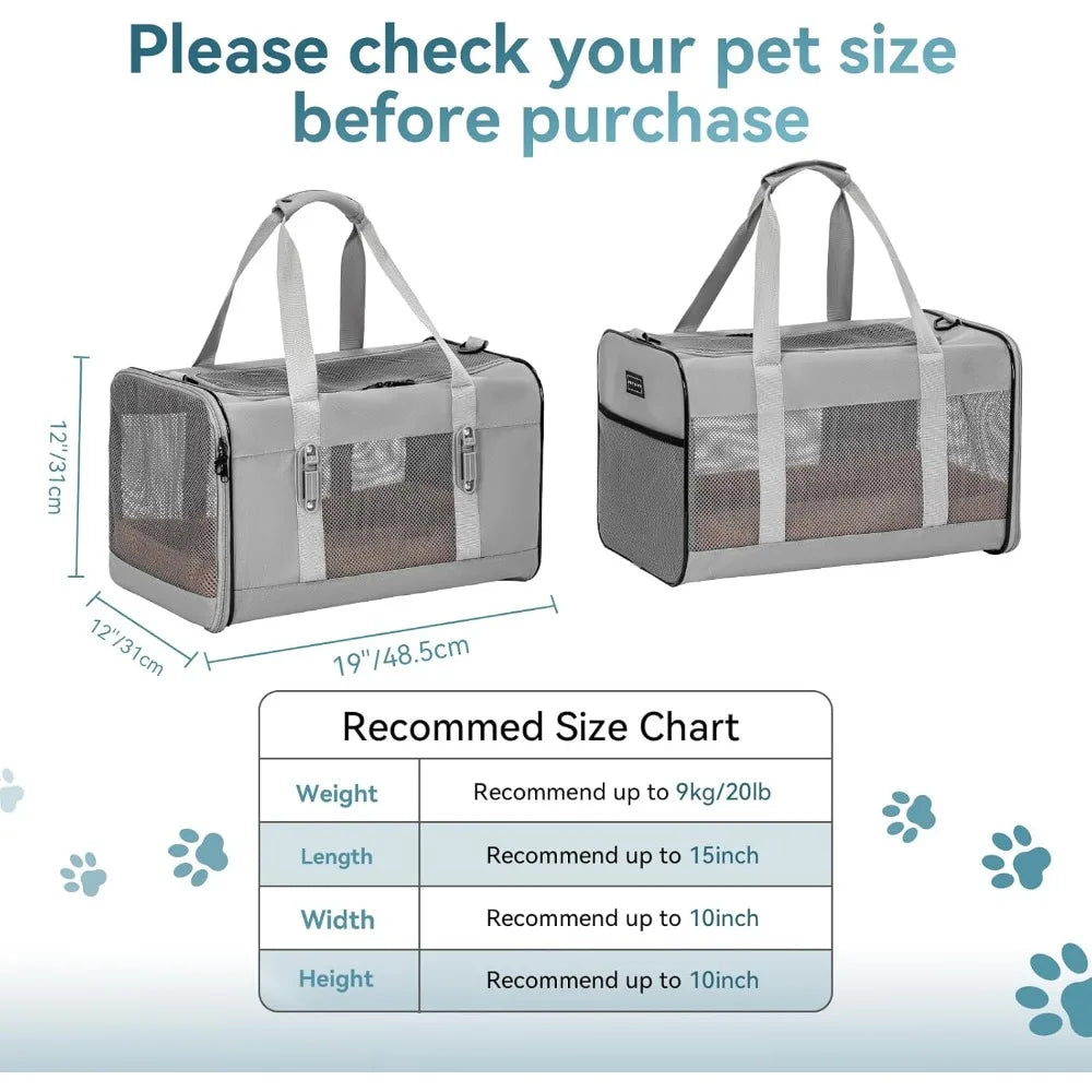 Travel Pet Carrier for Large Cats (up to 20 lbs), Soft-Sided Dog Car Travel Carrier with Patented Buckle and Soft Padding