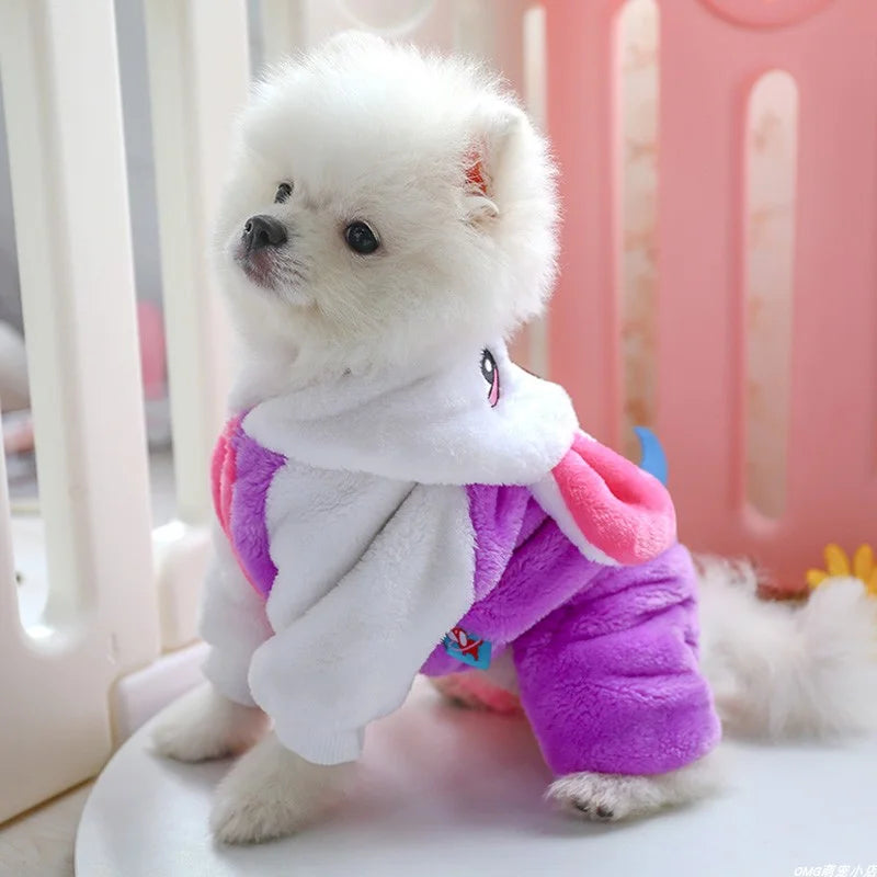 1PC Pet Clothes Dog Winter Thickened Velvet Warm Rainbow Unicorn Four-legged Hoodie Onesie