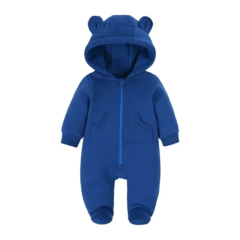 2024 Newborn Baby Winter Warm Romper Solid Pocket Hooded Bear Thick Clothes 0-24M Infant  Boy Girl Outfits Bodysuit