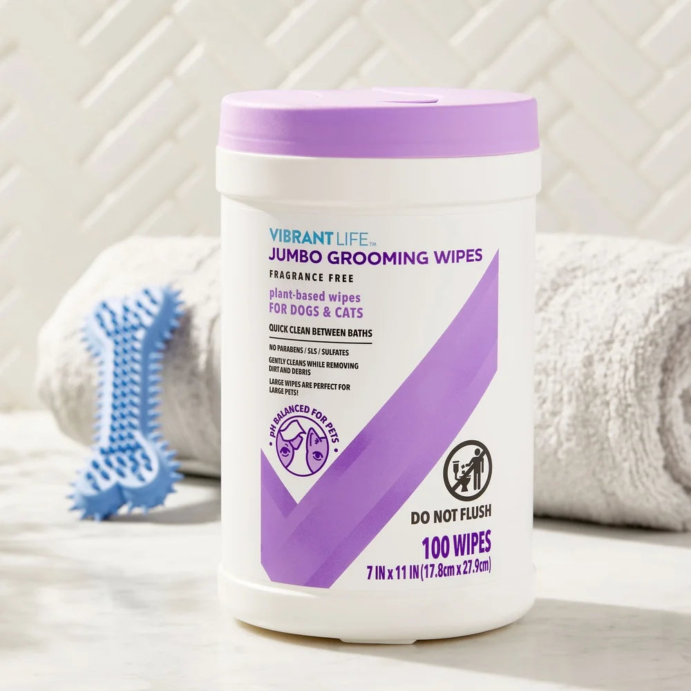Jumbo Grooming Wipes Dogs and Cats Fragrance Free 100 Pre-Moistened Wipes Large Size Safe Cleansing Deodorizing Between Baths