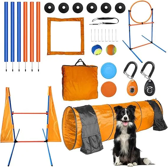 Dog Agility Training Equipment Set Outdoor Indoor Game, Tire Jump + Hurdle Jump, Tunnel, Weave Poles, Pause, 2 Toy Balls, 2 Disc