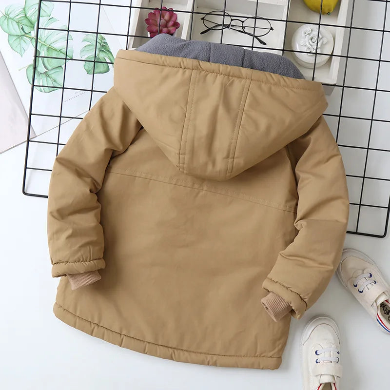 Autumn Winter Children Jacket For Boys Hooded Plus Velvet Thicken Warm Teenage Boy Outerwear Coat 4-14 Year Kids Parka