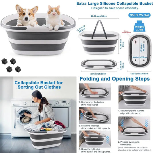 Large 35L Collapsible Mop Bucket with Handles and Wheels, Plastic Wash Basin for Pet Bathing, Suitable for Dogs and Cats
