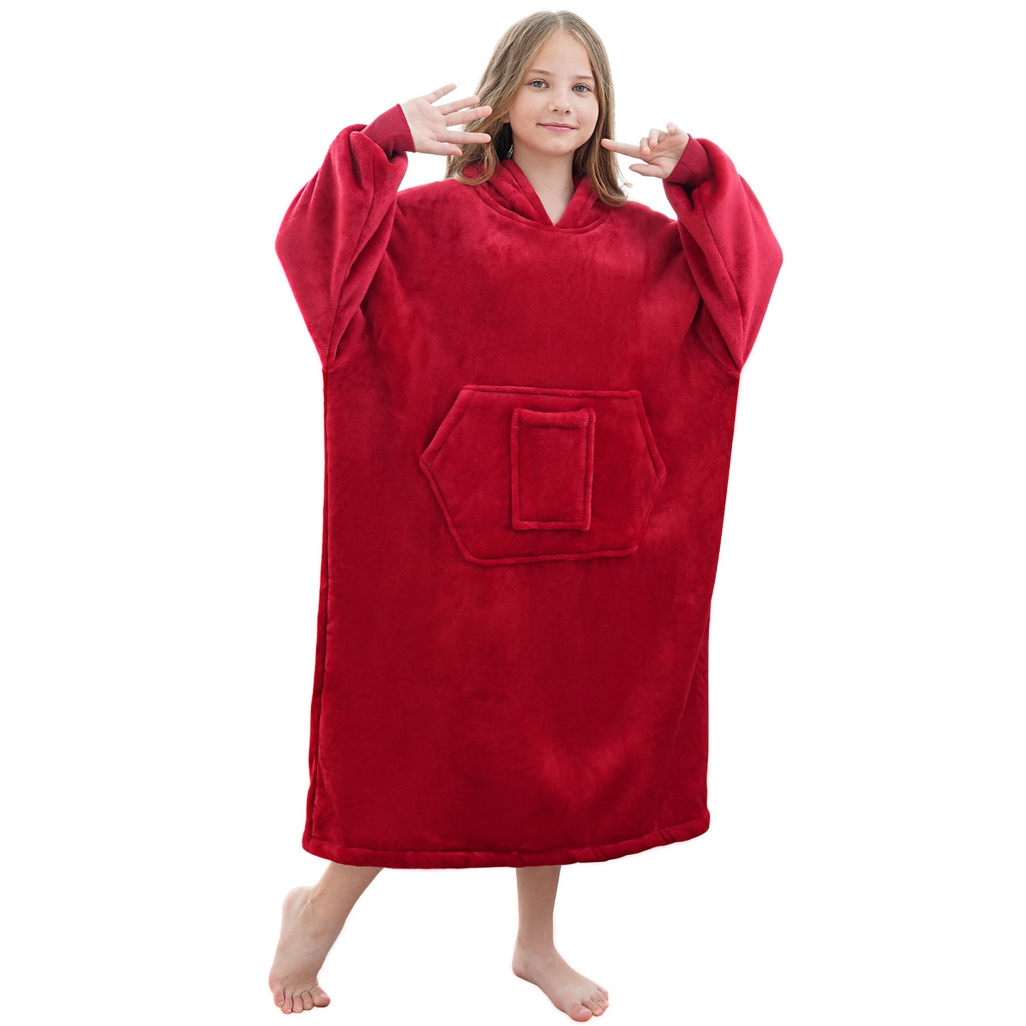Winter children's large-sized pullover pajamas, with thick and fluffy lining, featuring pockets and sleeves, very comfortable