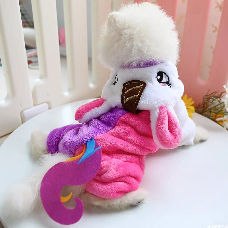 1PC Pet Clothes Dog Winter Thickened Velvet Warm Rainbow Unicorn Four-legged Hoodie Onesie