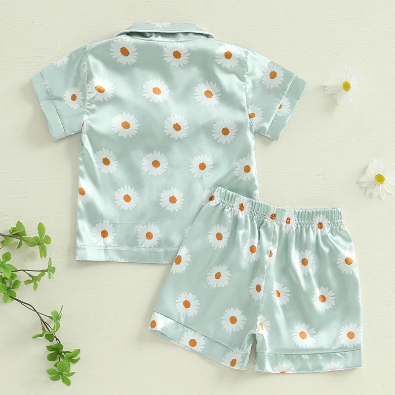 Unisex Summer Silk Pajama Set with Tropical Print Short Sleeve Lapel Button Down Shirt and Matching Shorts for Loungewear