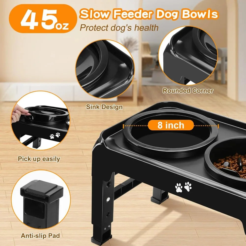 Elevated 2-in-1 Dog Feeder With Slow Feeder and Water Bowl, 4 Heights Adjustable Raised Stand, Non-Slip Food Bowl for Medium Lar
