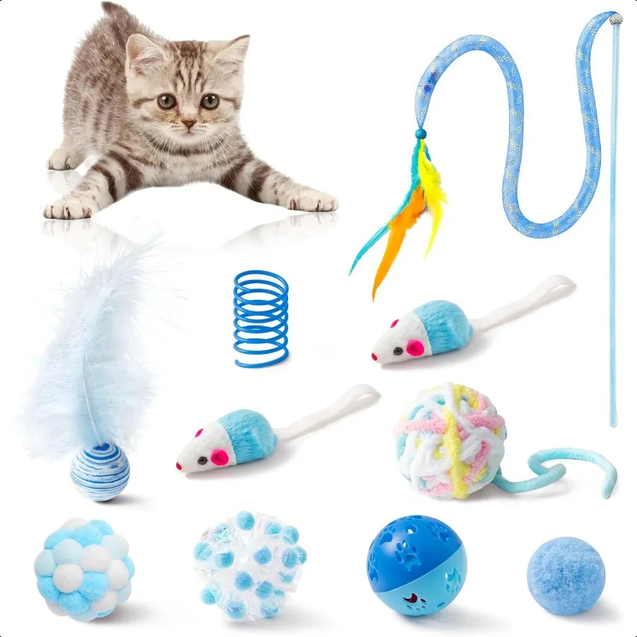 10Pcs Cat Toy Set Including Cat Springs Feather Teaser Wand Mice Crinkle Balls and Pet Bell Balls Puzzle Interactive Pet Gift P