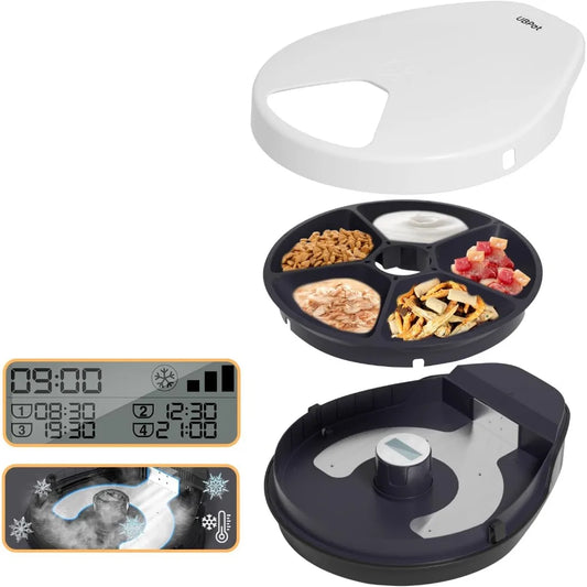 UBPET Cat Wet Food Automatic Feeder with Cooling, Semiconductor Refrigeration, with Timer, 5 Food Compartments for 330g Pet Food