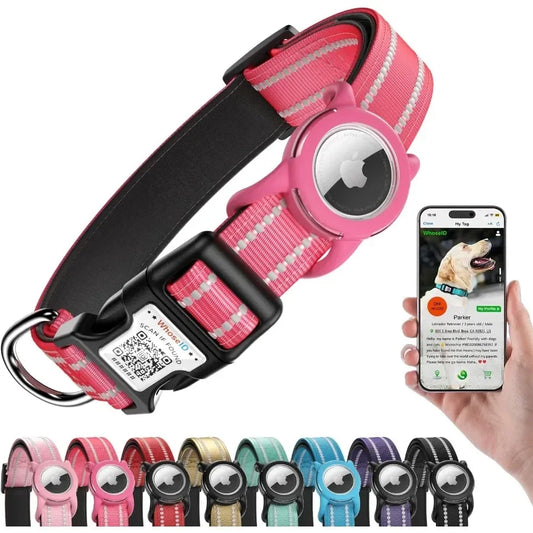 Airtag Dog Collar with QR Code Reflective Dog Collar with Airtag Holder Soft Padded Safety Locking Buckle Adjustable Dog Collar
