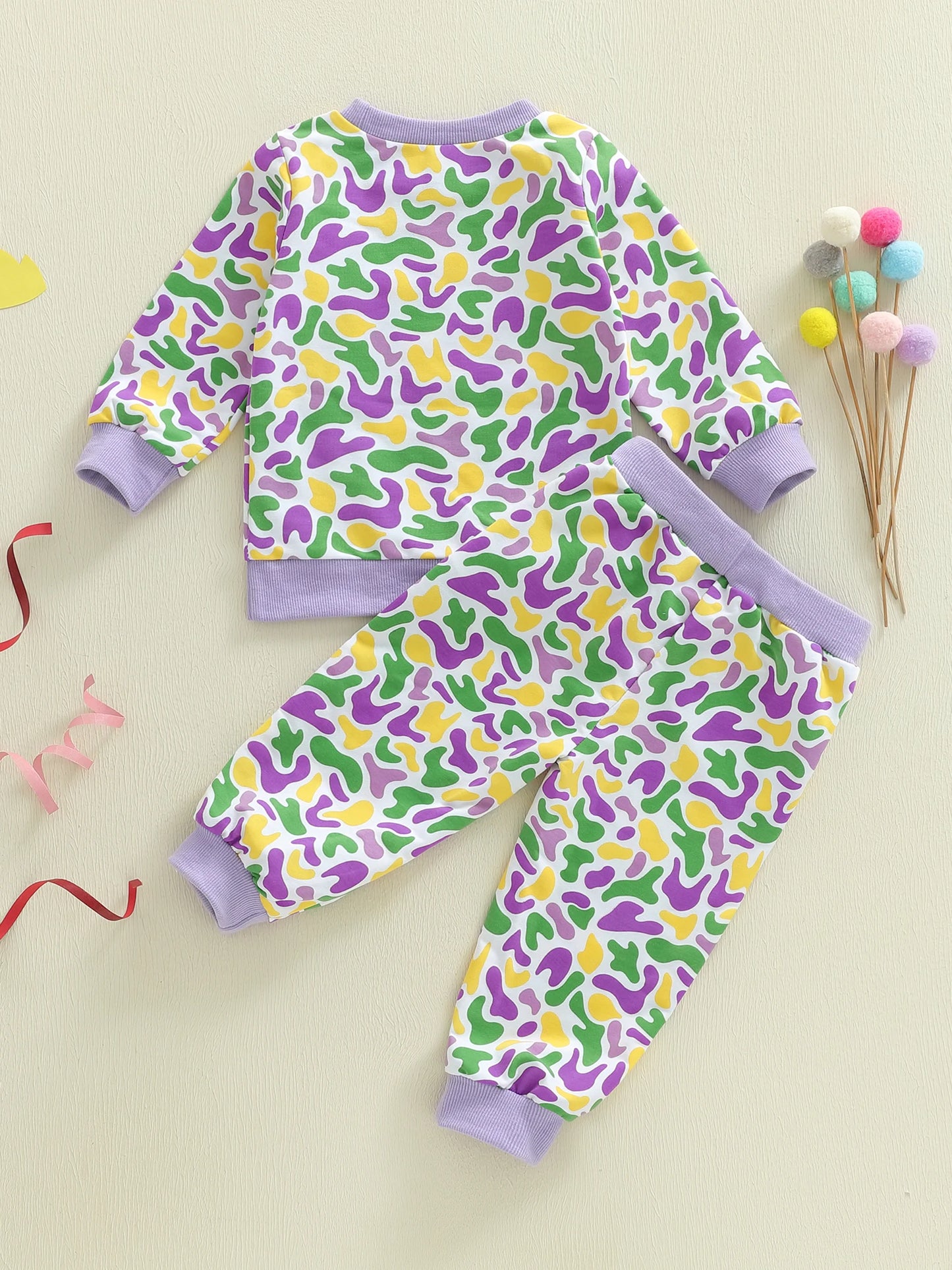 Toddler Baby Mardi Gras Outfit Fashionable Camouflage Long Sleeve Pullover with Pants 2Pcs Clothing Set