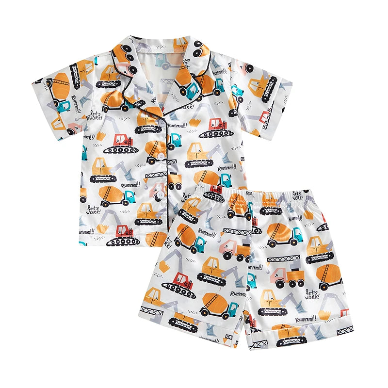 Unisex Summer Silk Pajama Set with Tropical Print Short Sleeve Lapel Button Down Shirt and Matching Shorts for Loungewear