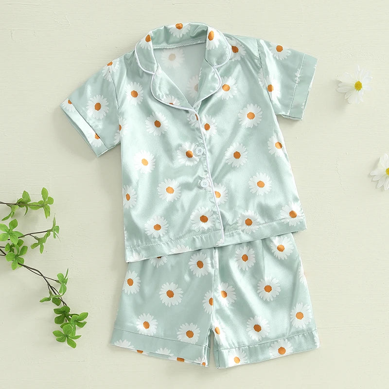 Unisex Summer Silk Pajama Set with Tropical Print Short Sleeve Lapel Button Down Shirt and Matching Shorts for Loungewear